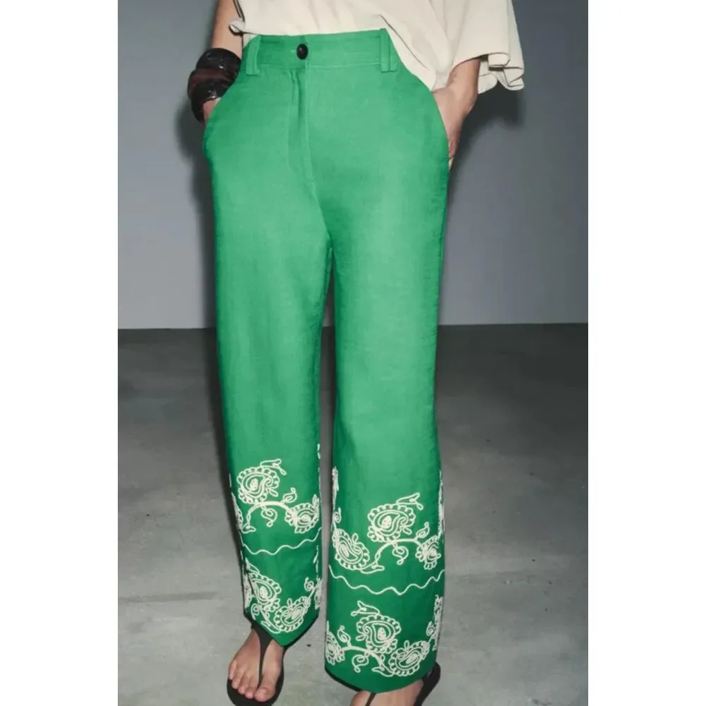 Zara Green White Linen-Blend Embroidered Flat Front Wide Leg Pants (NWT)